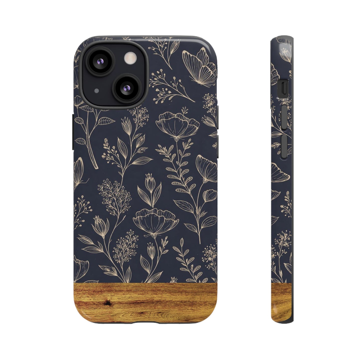 Floral Navy Tough Phone Case — Wood Accent Protective Cover