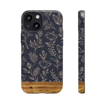 Floral Navy Tough Phone Case — Wood Accent Protective Cover