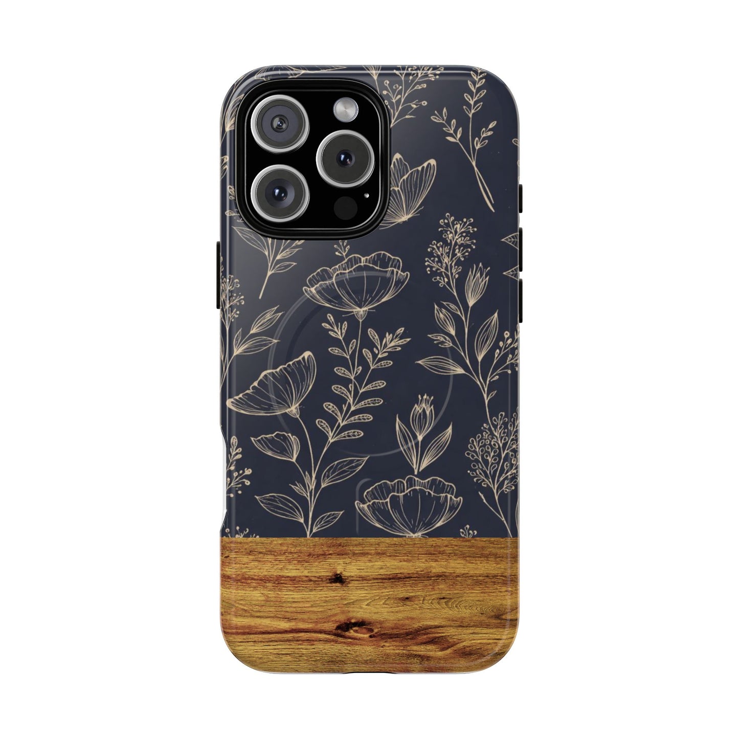 Floral Woodgrain Tough Magnetic Phone Case — Navy Botanical Protection