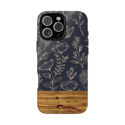 Floral Woodgrain Tough Magnetic Phone Case — Navy Botanical Protection
