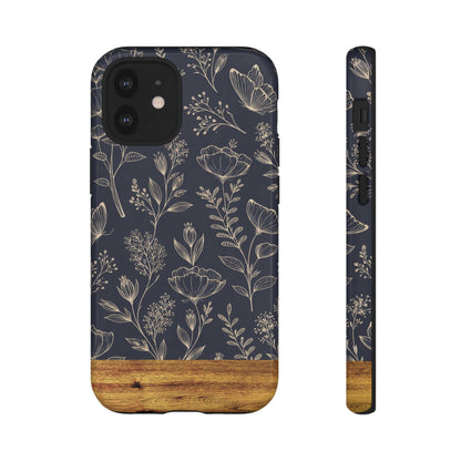 Floral Navy Tough Phone Case — Wood Accent Protective Cover