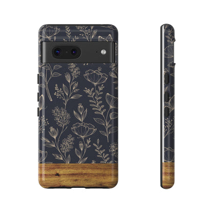 Floral Navy Tough Phone Case — Wood Accent Protective Cover