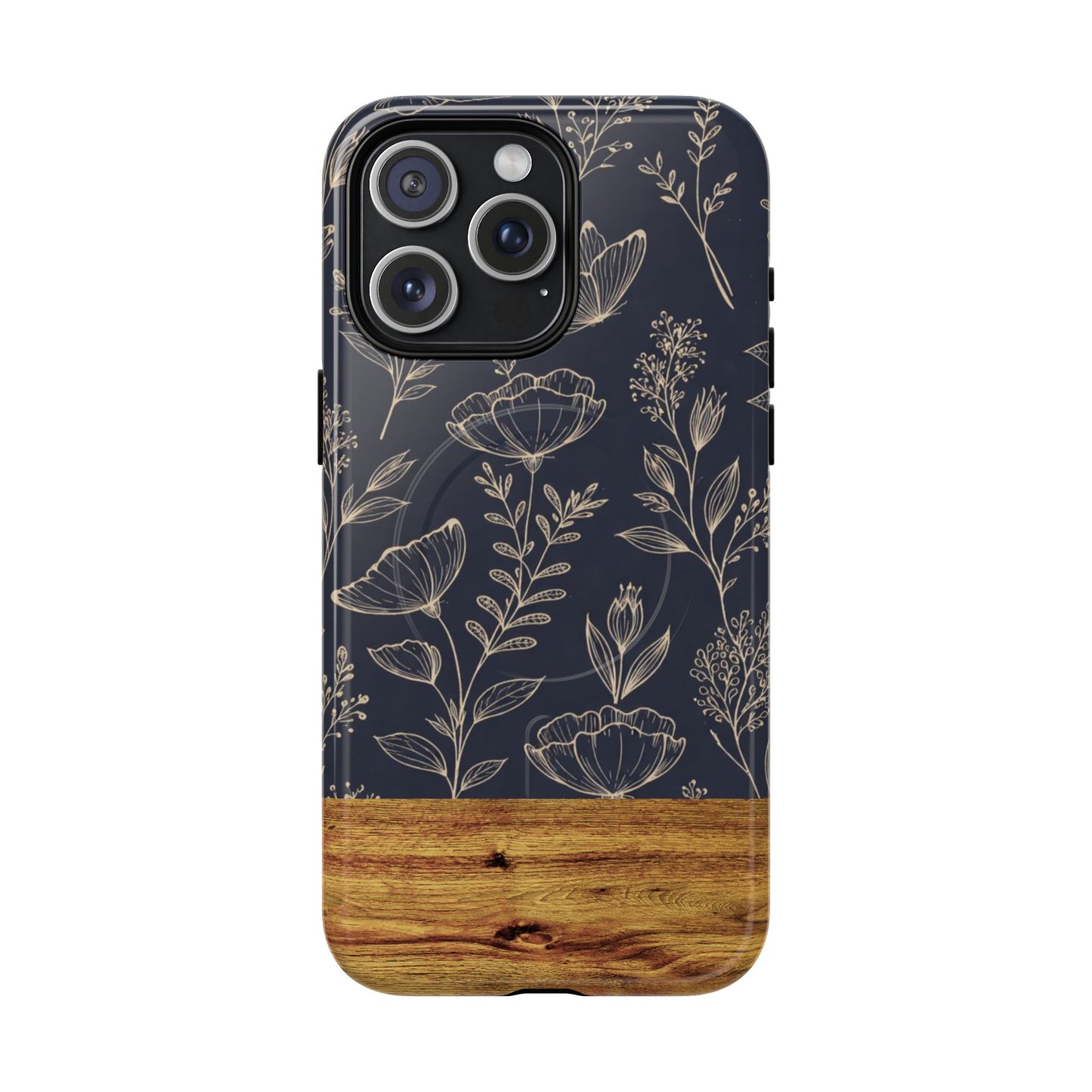 Floral Woodgrain Tough Magnetic Phone Case — Navy Botanical Protection