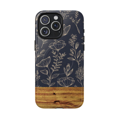 Floral Woodgrain Tough Magnetic Phone Case — Navy Botanical Protection