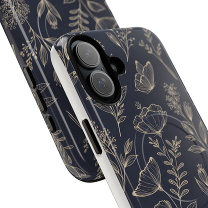 Floral Woodgrain Tough Magnetic Phone Case — Navy Botanical Protection