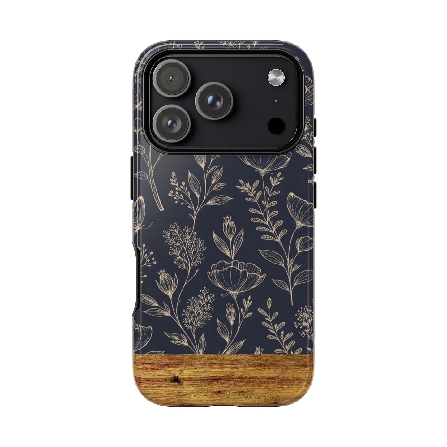Floral Navy Tough Phone Case — Wood Accent Protective Cover
