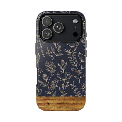 Floral Navy Tough Phone Case — Wood Accent Protective Cover