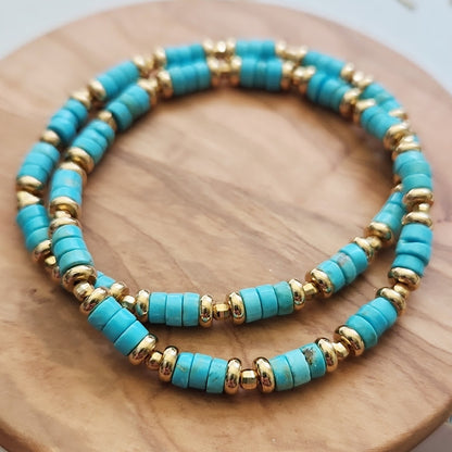 Blue Howlite and Brass Stackable Beaded Stretch Bracelets