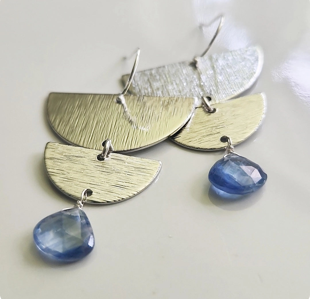 Blue Kyanite and Texture Brass, Silver Moon Phase Earrings