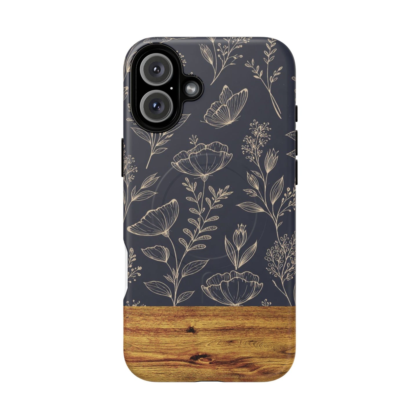Floral Woodgrain Tough Magnetic Phone Case — Navy Botanical Protection