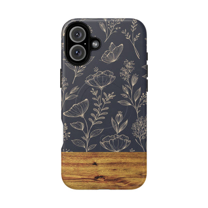 Floral Woodgrain Tough Magnetic Phone Case — Navy Botanical Protection