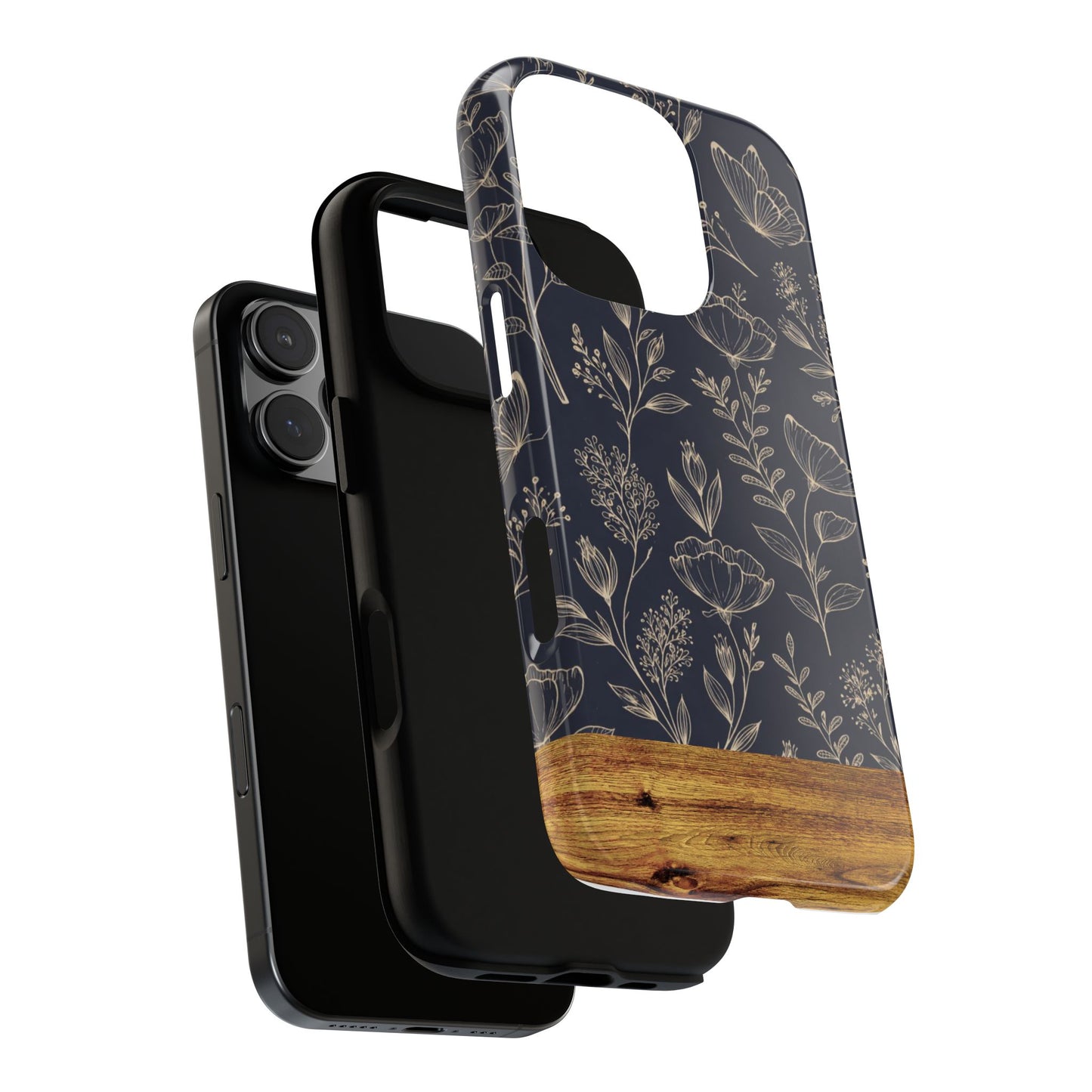 Floral Navy Tough Phone Case — Wood Accent Protective Cover