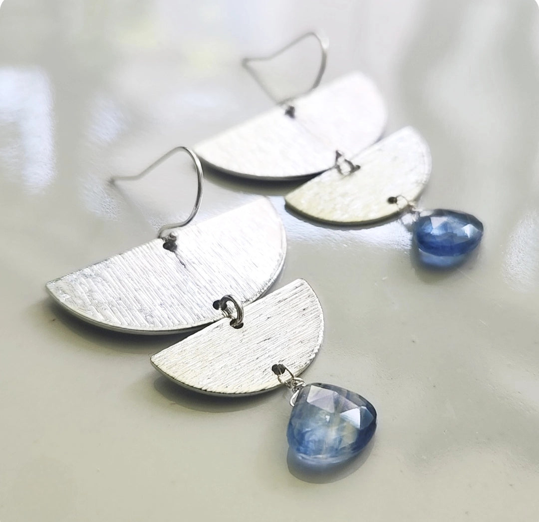 Blue Kyanite and Texture Brass, Silver Moon Phase Earrings