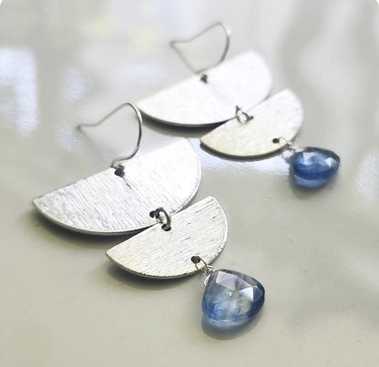 Blue Kyanite and Texture Brass, Silver Moon Phase Earrings