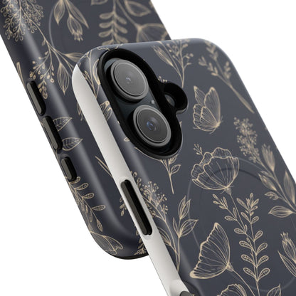 Floral Woodgrain Tough Magnetic Phone Case — Navy Botanical Protection