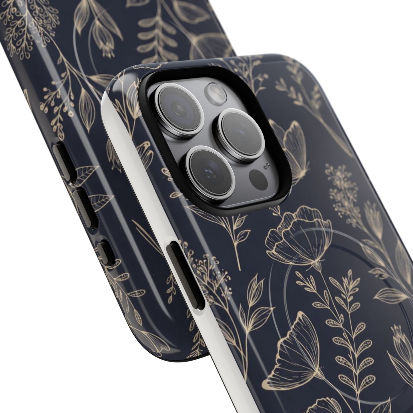 Floral Woodgrain Tough Magnetic Phone Case — Navy Botanical Protection