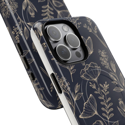 Floral Woodgrain Tough Magnetic Phone Case — Navy Botanical Protection