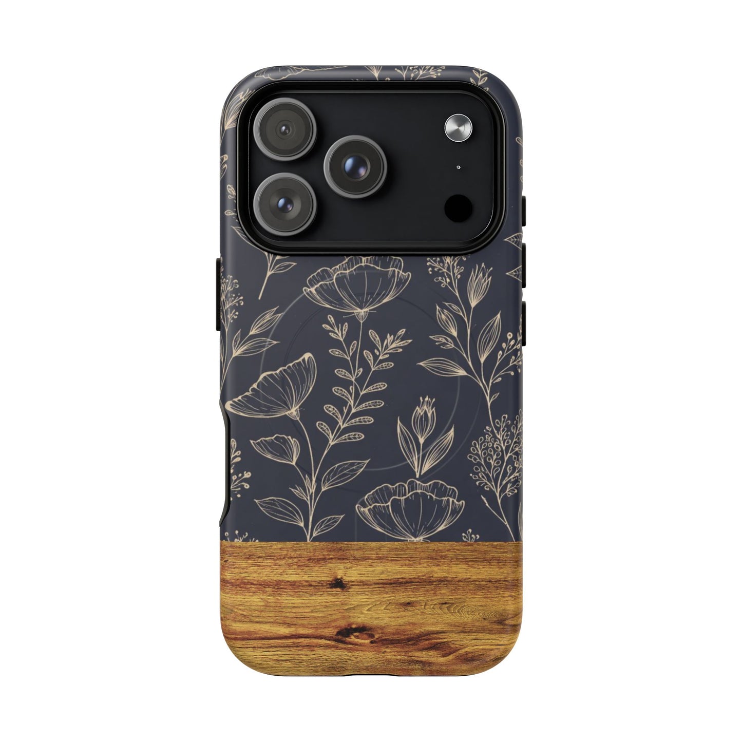 Floral Woodgrain Tough Magnetic Phone Case — Navy Botanical Protection