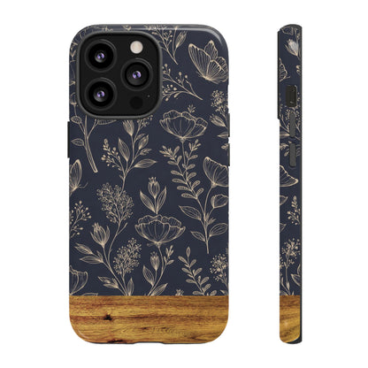 Floral Navy Tough Phone Case — Wood Accent Protective Cover