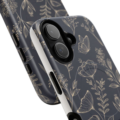 Floral Woodgrain Tough Magnetic Phone Case — Navy Botanical Protection