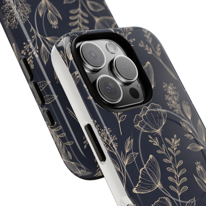 Floral Woodgrain Tough Magnetic Phone Case — Navy Botanical Protection