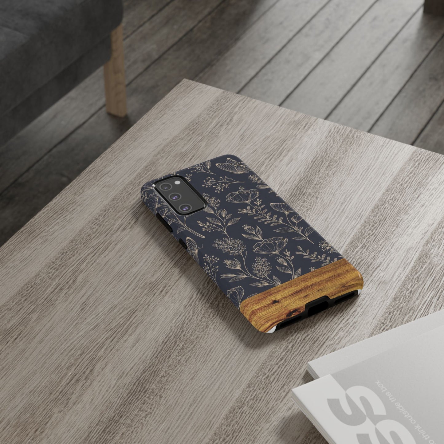 Floral Navy Tough Phone Case — Wood Accent Protective Cover