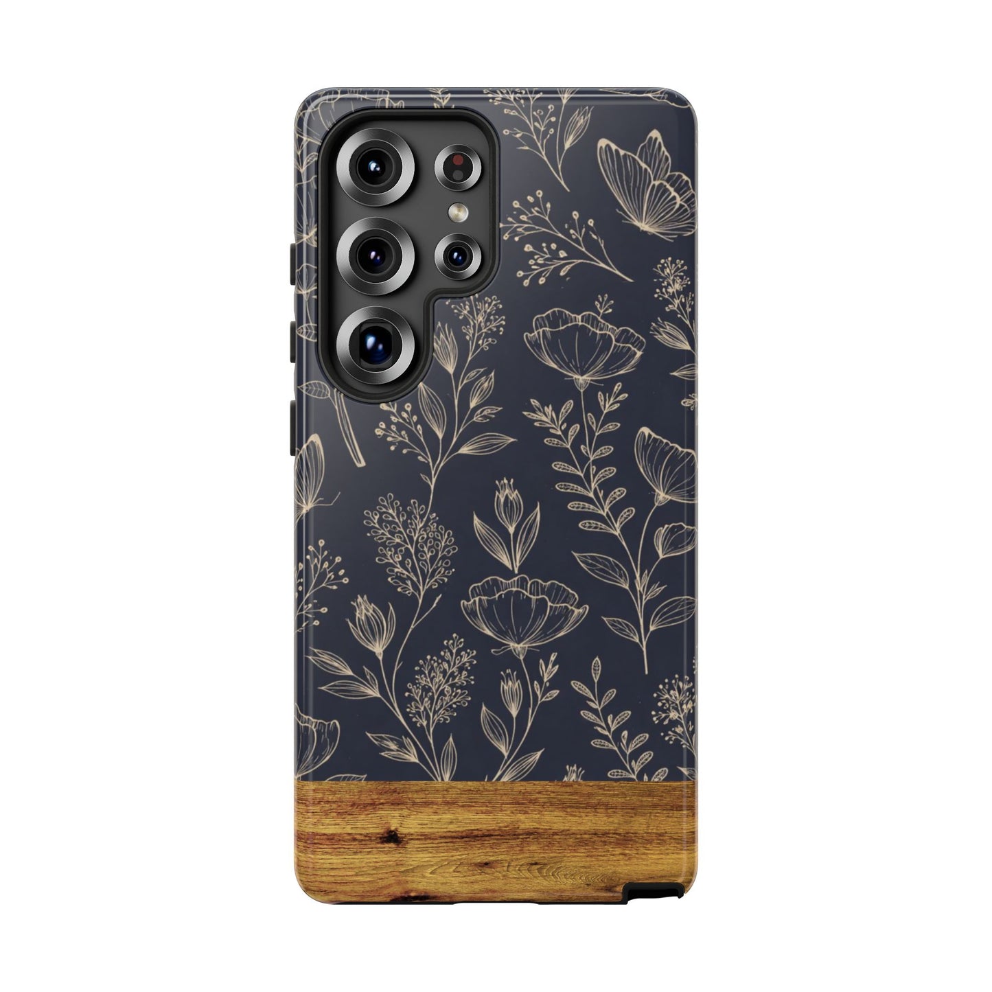 Floral Navy Tough Phone Case — Wood Accent Protective Cover