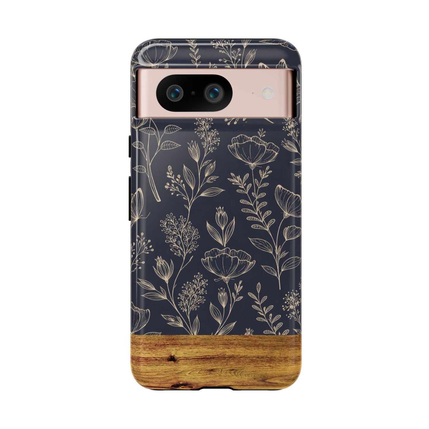 Floral Navy Tough Phone Case — Wood Accent Protective Cover