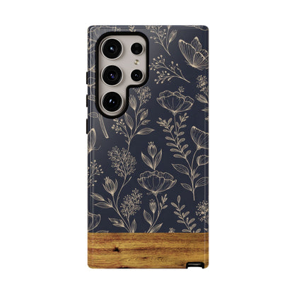 Floral Navy Tough Phone Case — Wood Accent Protective Cover