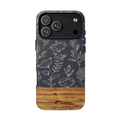 Floral Woodgrain Tough Magnetic Phone Case — Navy Botanical Protection