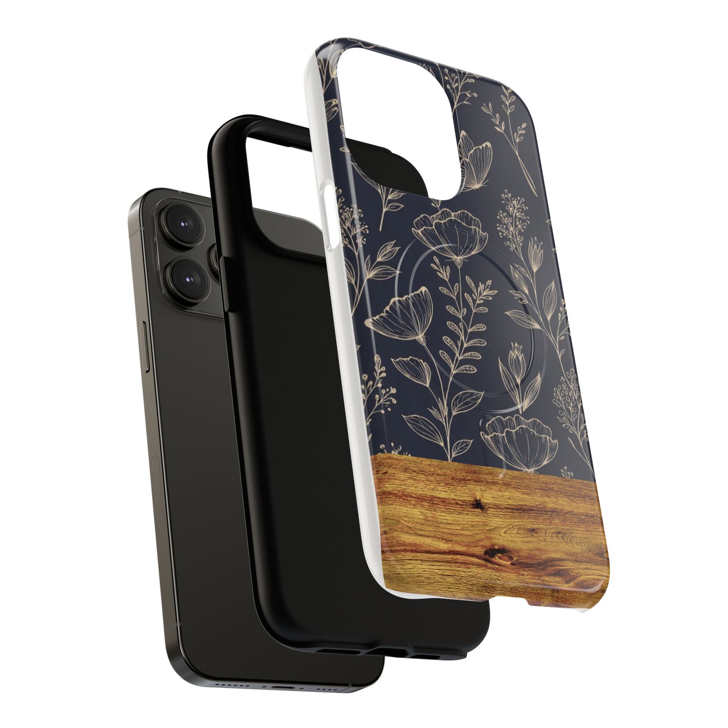 Floral Woodgrain Tough Magnetic Phone Case — Navy Botanical Protection