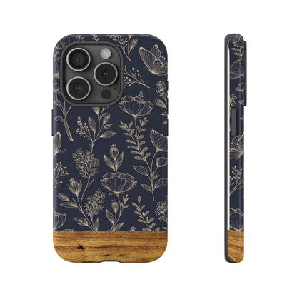 Floral Navy Tough Phone Case — Wood Accent Protective Cover