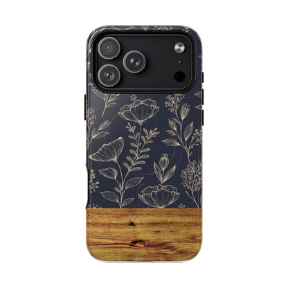 Floral Woodgrain Tough Magnetic Phone Case — Navy Botanical Protection