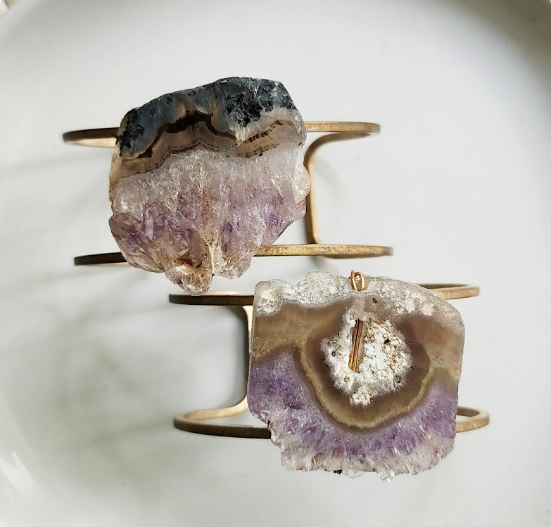 Natural Amethyst Druzy and Brass Wire Wrapped Cuff Bracelet