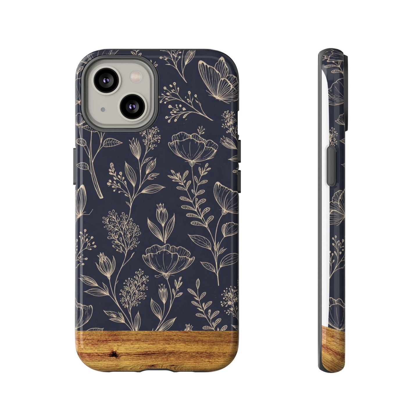 Floral Navy Tough Phone Case — Wood Accent Protective Cover