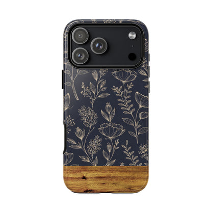 Floral Navy Tough Phone Case — Wood Accent Protective Cover