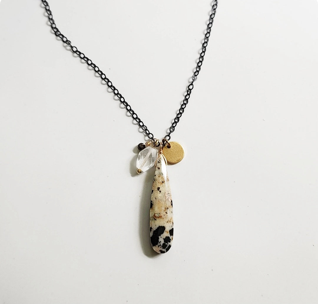 Dalmatian Jasper & Gemstone Cluster Pendant On Black Brass