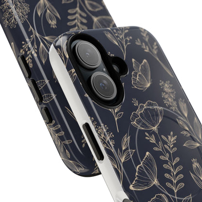 Floral Woodgrain Tough Magnetic Phone Case — Navy Botanical Protection
