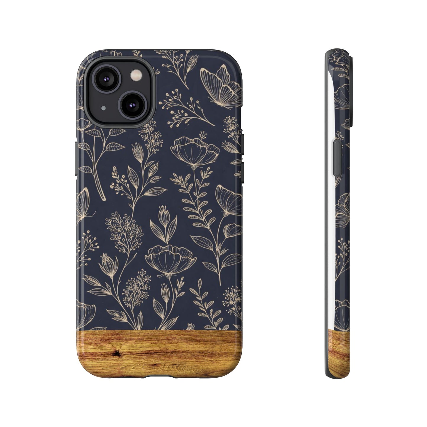 Floral Navy Tough Phone Case — Wood Accent Protective Cover