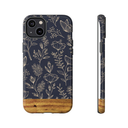 Floral Navy Tough Phone Case — Wood Accent Protective Cover