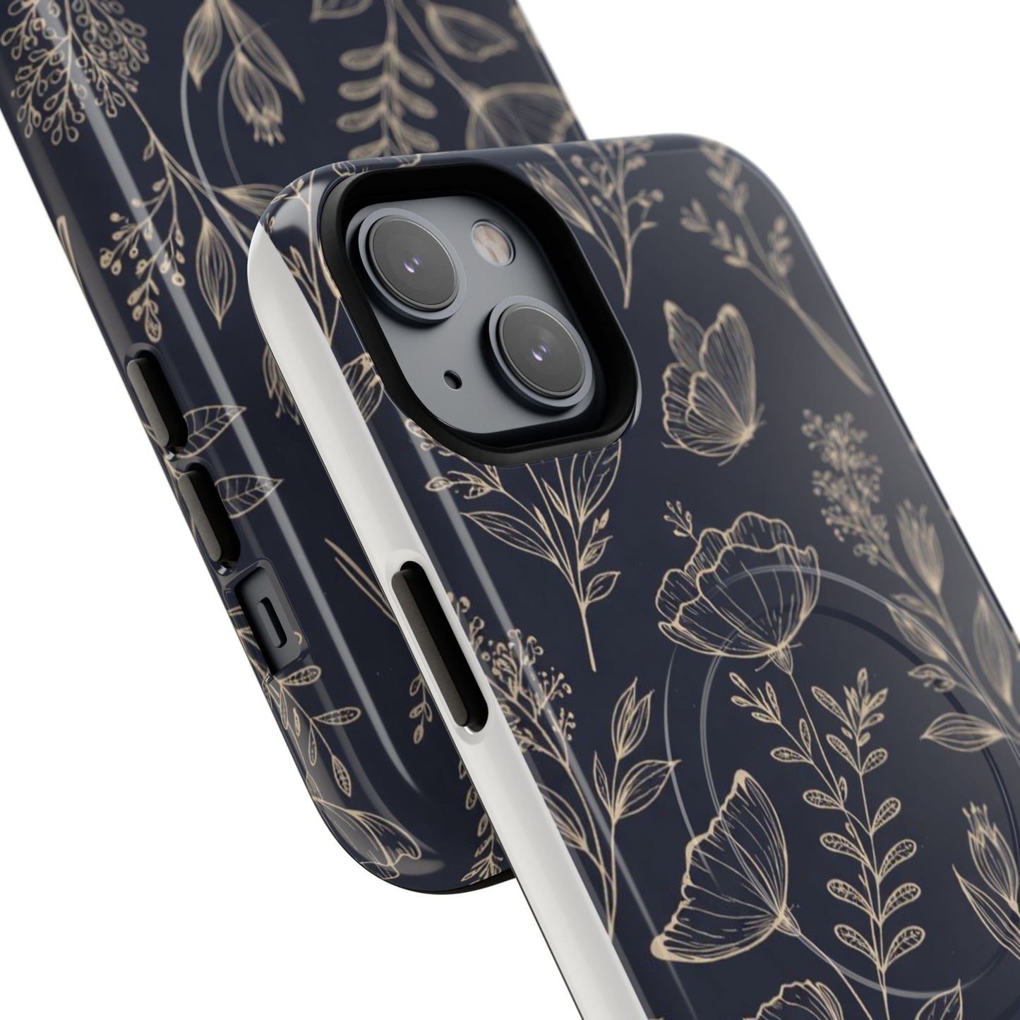 Floral Woodgrain Tough Magnetic Phone Case — Navy Botanical Protection