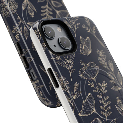 Floral Woodgrain Tough Magnetic Phone Case — Navy Botanical Protection