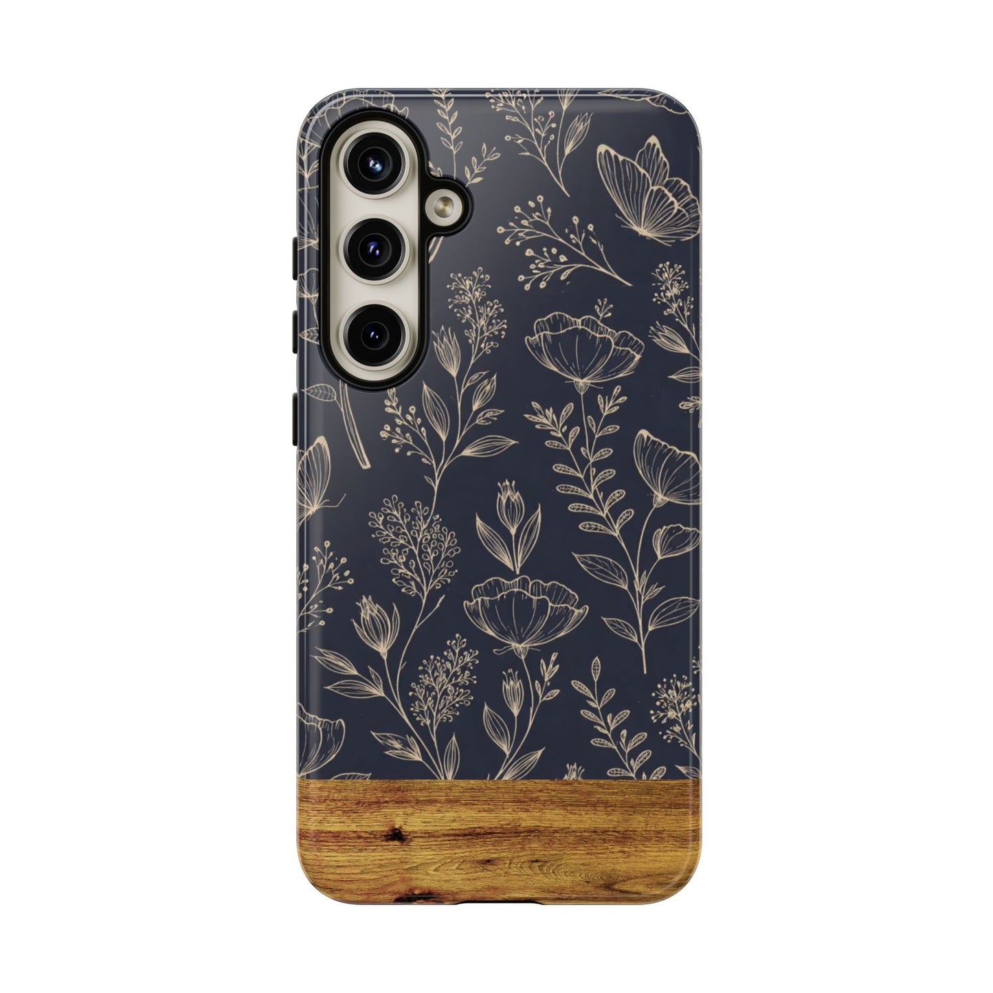 Floral Navy Tough Phone Case — Wood Accent Protective Cover
