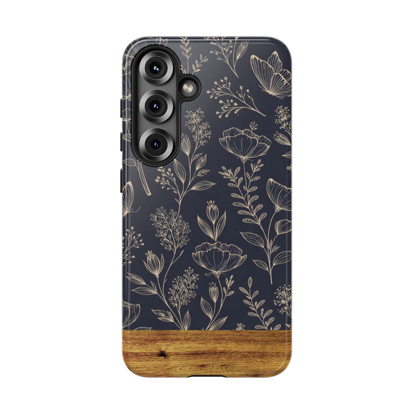 Floral Navy Tough Phone Case — Wood Accent Protective Cover