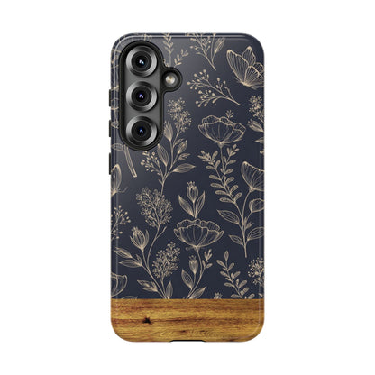 Floral Navy Tough Phone Case — Wood Accent Protective Cover