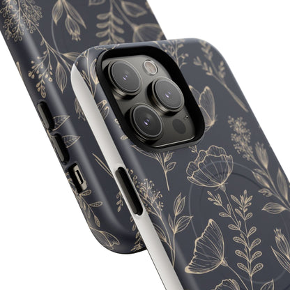 Floral Woodgrain Tough Magnetic Phone Case — Navy Botanical Protection