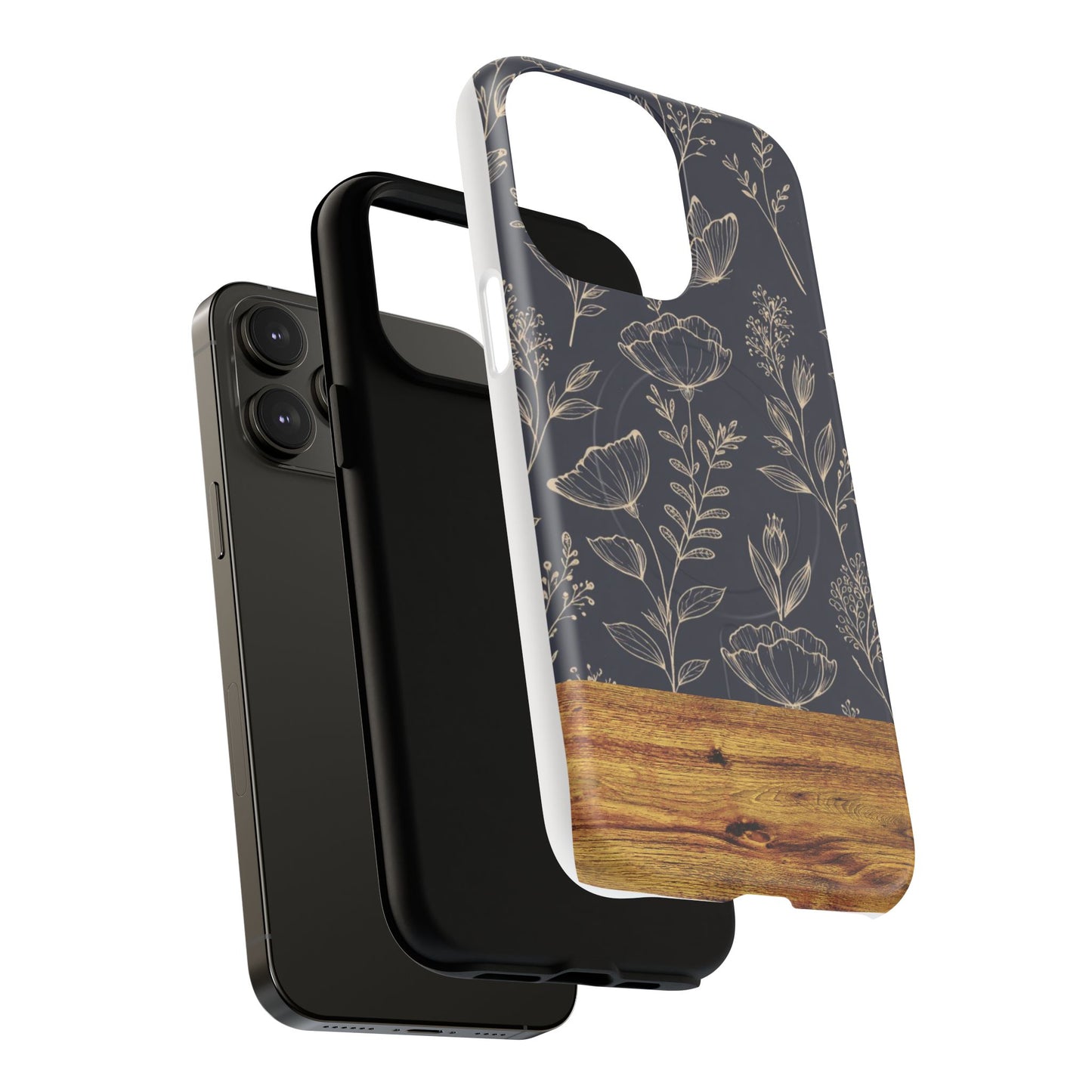Floral Woodgrain Tough Magnetic Phone Case — Navy Botanical Protection