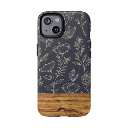 Floral Woodgrain Tough Magnetic Phone Case — Navy Botanical Protection
