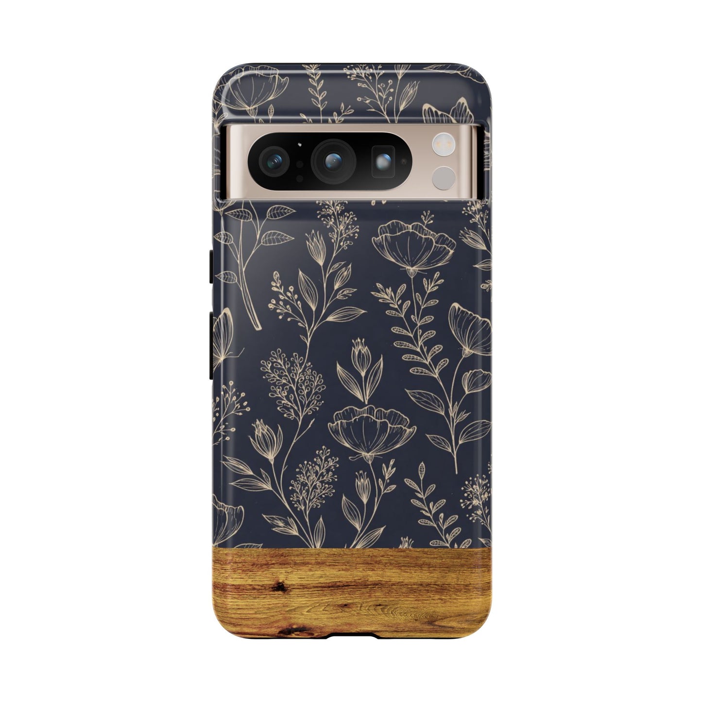 Floral Navy Tough Phone Case — Wood Accent Protective Cover