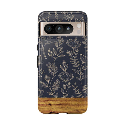 Floral Navy Tough Phone Case — Wood Accent Protective Cover